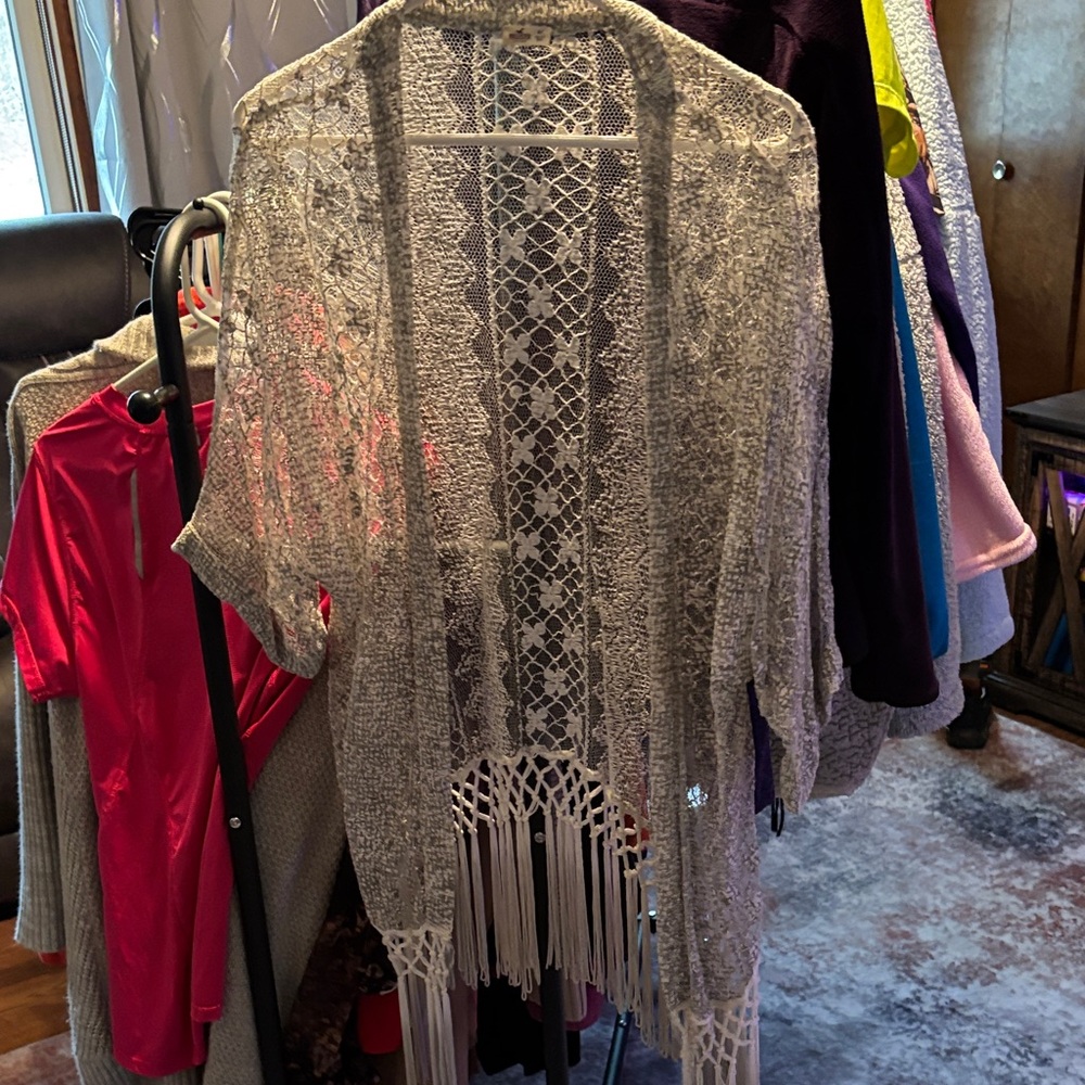 Hollister Gray Lace Fringe Cardigan